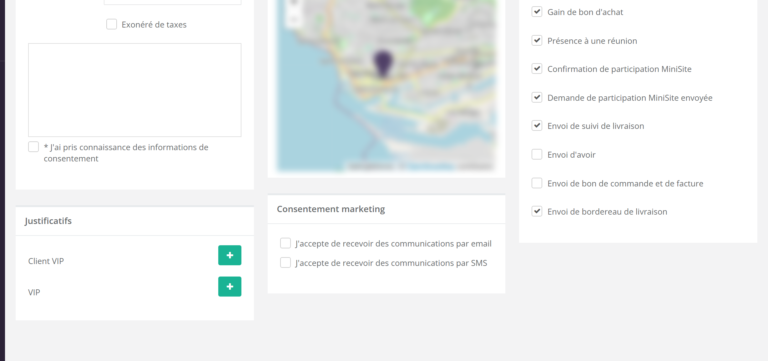 Bas de l'écran Modifier un client : case J'ai pris connaissance des informations de consentement, bloc Justificatifs, bloc Consentement marketing avec deux cases (email et SMS), bloc Notifications Email avec une case par type d'email
