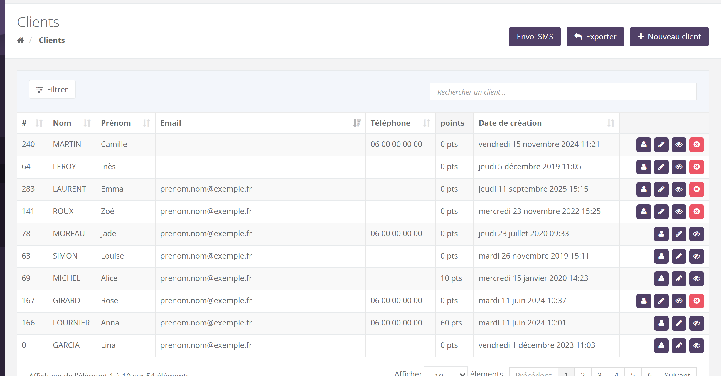 Écran Clients : boutons Envoi SMS, Exporter et Nouveau client en haut à droite ; bouton Filtrer et champ Rechercher un client ; tableau avec les colonnes #, Nom, Prénom, Email, Téléphone, points, Date de création et quatre boutons par ligne