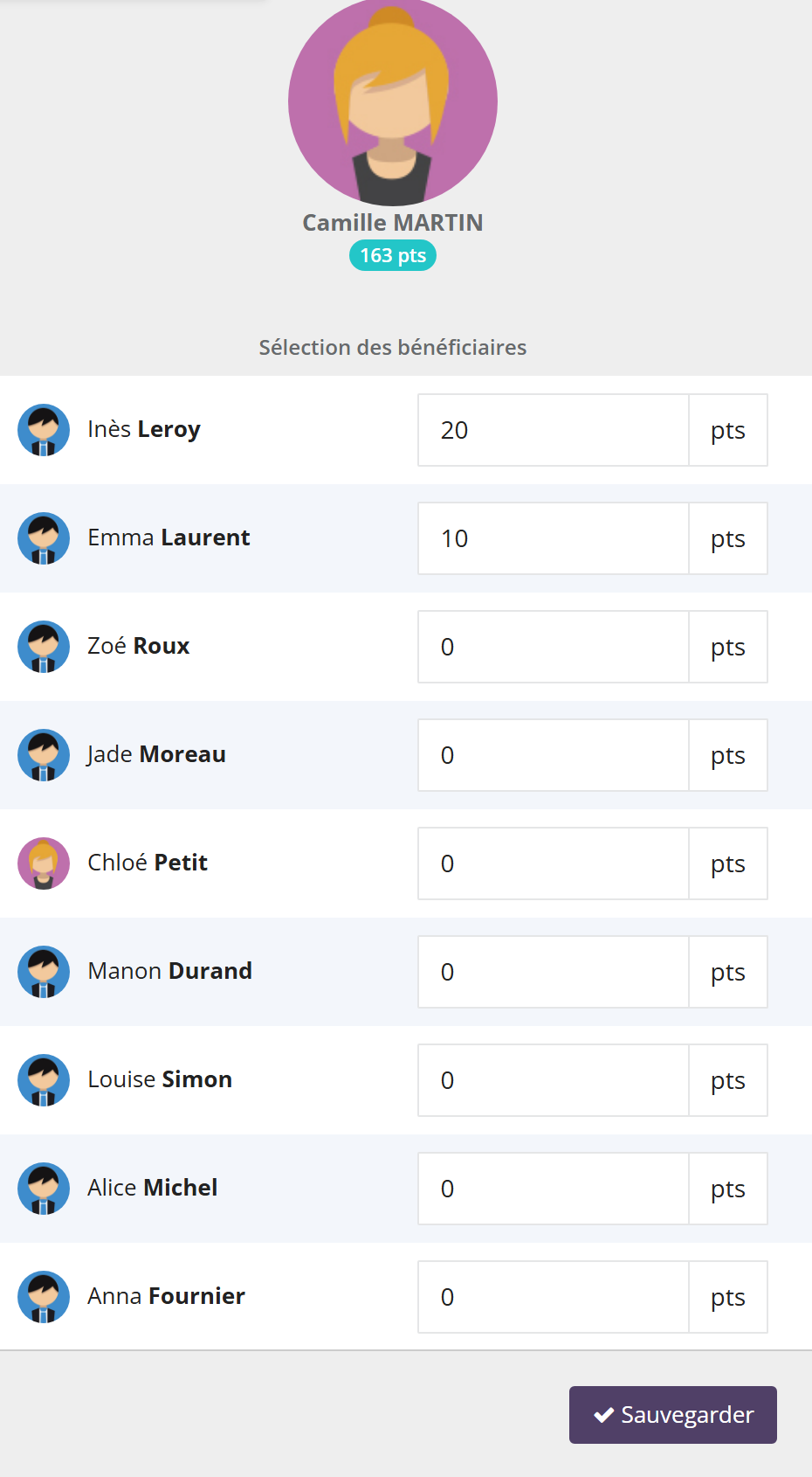 Panneau Don de points : la donatrice Camille Martin avec son solde 163 pts, puis Sélection des bénéficiaires avec Inès Leroy 20 pts, Emma Laurent 10 pts et d'autres clientes à 0, bouton Sauvegarder