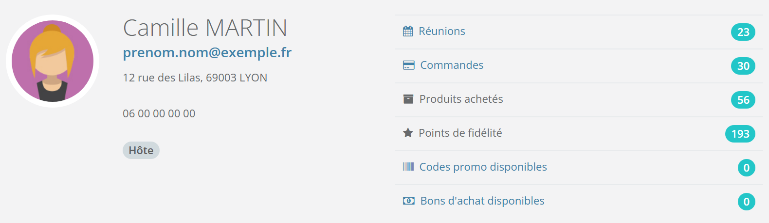Fiche d'une cliente : nom, email, adresse et téléphone fictifs, badge Hôte, compteurs Réunions 23, Commandes 30, Produits achetés 56, Points de fidélité 193, Codes promo disponibles 0, Bons d'achat disponibles 0