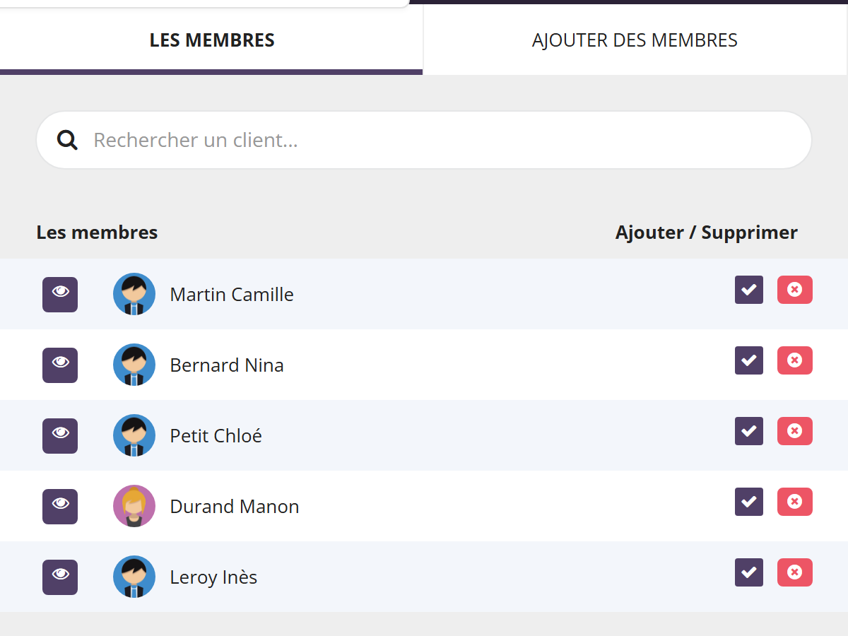Panneau Modifier les membres, onglet Les membres : champ Rechercher un client, liste de cinq clientes avec un bouton œil, une case cochée et une croix rouge