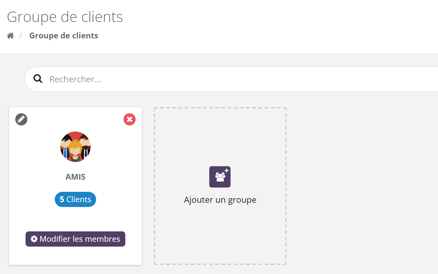 Écran Groupe de clients : champ Rechercher, carte du groupe AMIS avec un crayon, une croix rouge, le badge 5 Clients et le bouton Modifier les membres, et une carte Ajouter un groupe