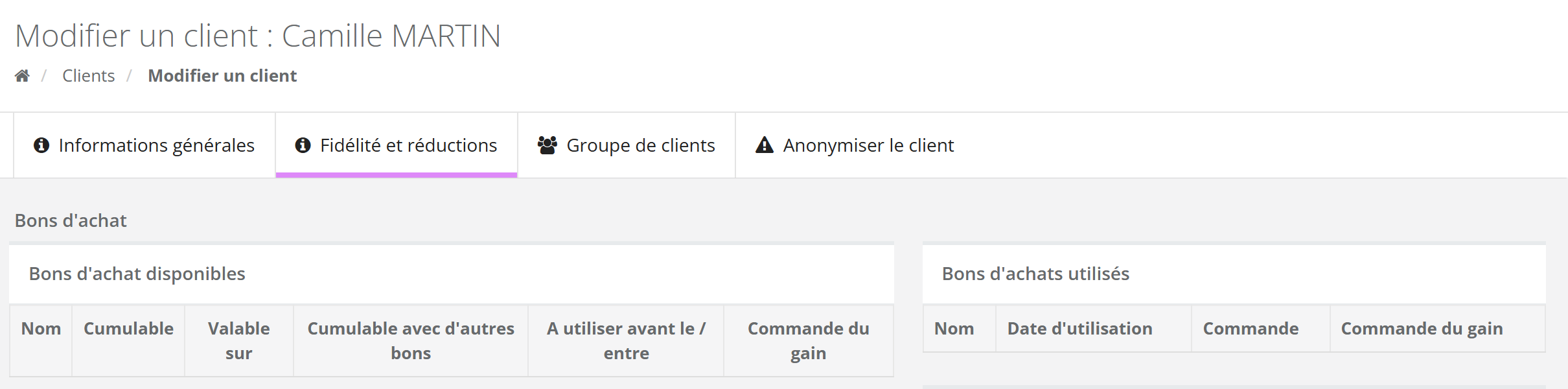 Modifier un client, onglet Fidélité et réductions : tableaux Bons d'achat disponibles (Nom, Cumulable, Valable sur, Cumulable avec d'autres bons, A utiliser avant le / entre, Commande du gain) et Bons d'achats utilisés