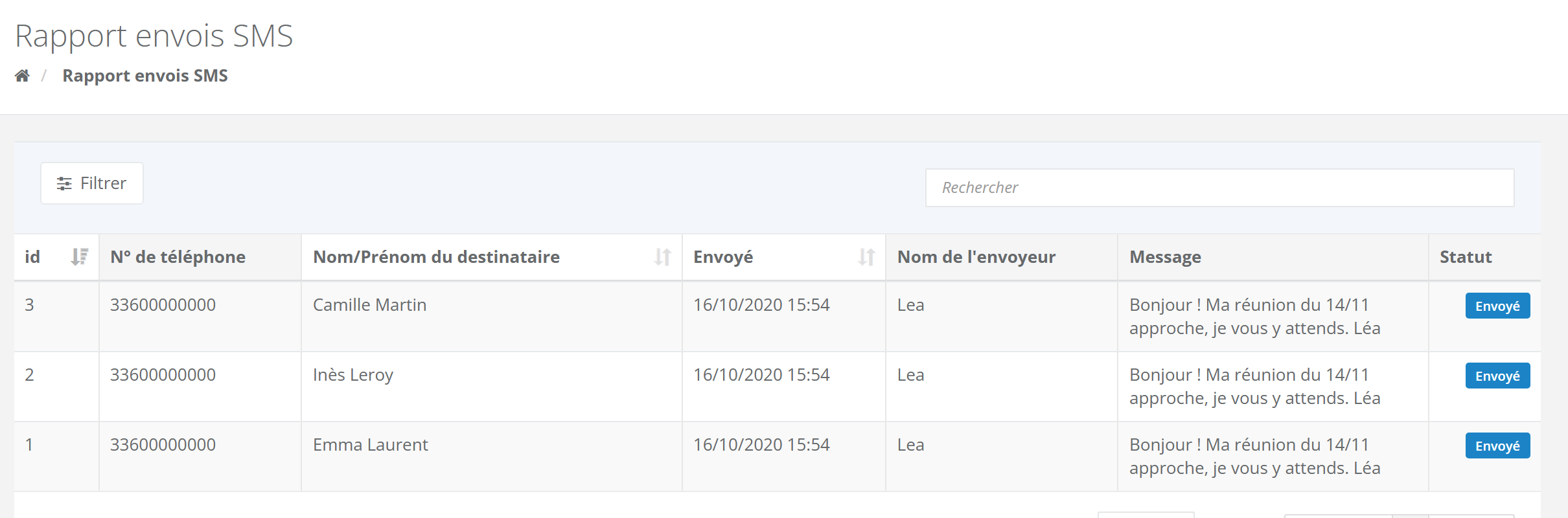 Écran Rapport envois SMS : bouton Filtrer, champ Rechercher, tableau avec id, N° de téléphone, Nom/Prénom du destinataire, Envoyé, Nom de l'envoyeur, Message et Statut Envoyé pour trois SMS