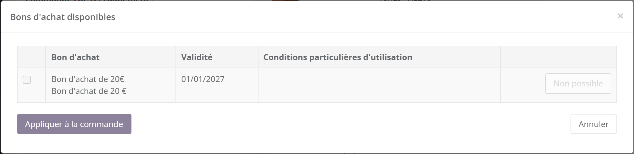 Fenêtre Bons d'achat disponibles : un bon d'achat de 20 euros valable jusqu'au 01/01/2027, bouton Non possible grisé, boutons Appliquer à la commande et Annuler