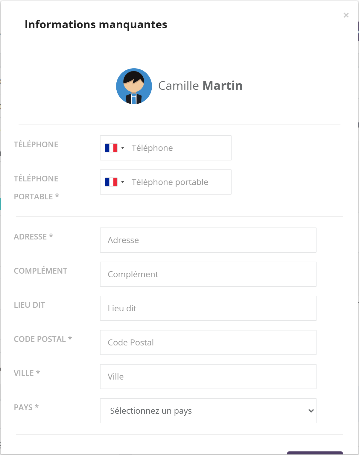 Fenêtre Informations manquantes pour Camille Martin : Téléphone, Téléphone portable obligatoire, Adresse obligatoire, Complément, Lieu dit, Code postal, Ville et Pays obligatoires