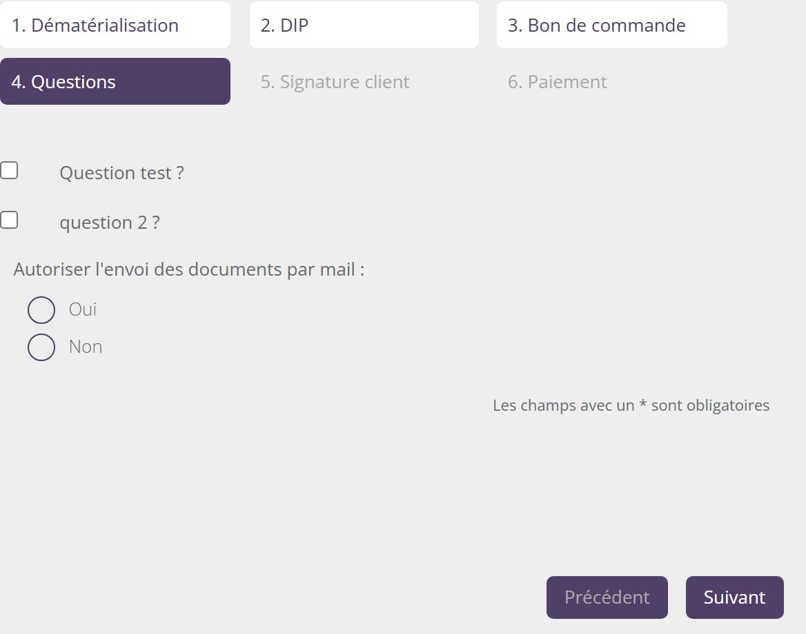 Étape 4 Questions : deux questions de test de la marque de démonstration avec une case à cocher, puis Autoriser l'envoi des documents par mail avec Oui et Non, la mention Les champs avec un * sont obligatoires, et les boutons Précédent et Suivant