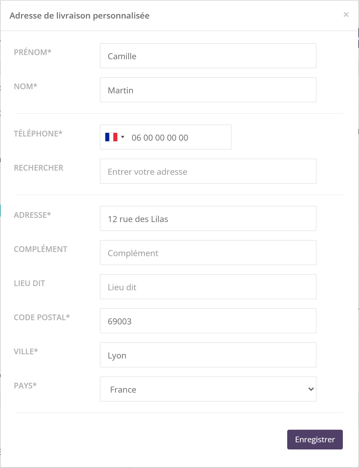 Fenêtre Adresse de livraison personnalisée : Prénom, Nom, Téléphone, Rechercher (Entrer votre adresse), Adresse, Complément, Lieu dit, Code postal, Ville, Pays, bouton Enregistrer
