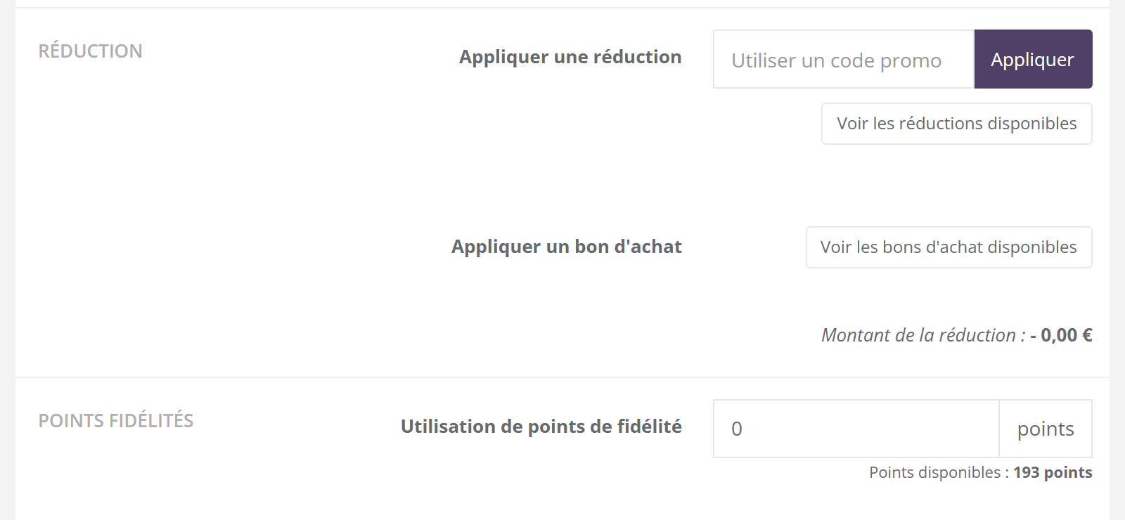 Bloc Réduction : Appliquer une réduction avec le champ Utiliser un code promo et le bouton Appliquer, bouton Voir les réductions disponibles ; Appliquer un bon d'achat avec le bouton Voir les bons d'achat disponibles ; Montant de la réduction ; bloc Points fidélités avec Utilisation de points de fidélité, 0 points, Points disponibles : 193 points