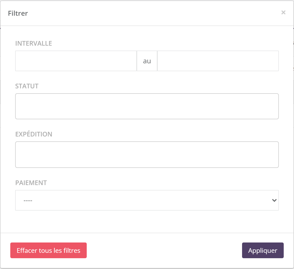Fenêtre Filtrer : Intervalle (du ... au ...), Statut, Expédition, Paiement, boutons Effacer tous les filtres et Appliquer