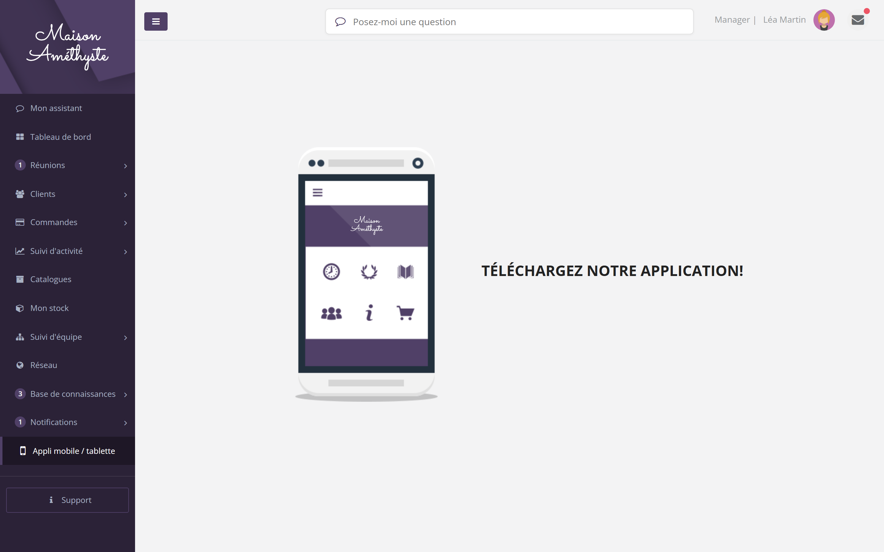 Page Téléchargez notre application de l'espace vendeuse : illustration d'un téléphone aux couleurs de la marque et titre Téléchargez notre application!, entrée Appli mobile / tablette sélectionnée en bas du menu de gauche