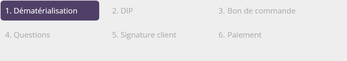 Étapes de l'assistant Finaliser la commande : 1. Dématérialisation, 2. DIP, 3. Bon de commande, 4. Questions, 5. Signature client, 6. Paiement