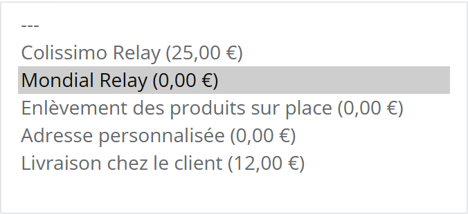 Liste des modes de livraison de la marque de démonstration : Colissimo Relay (25,00 €), Mondial Relay (0,00 €) sélectionné, Enlèvement des produits sur place (0,00 €), Adresse personnalisée (0,00 €), Livraison chez le client (12,00 €)