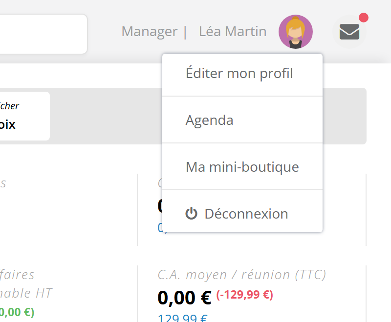 Menu du profil ouvert : Éditer mon profil, Agenda, Ma mini-boutique, Déconnexion