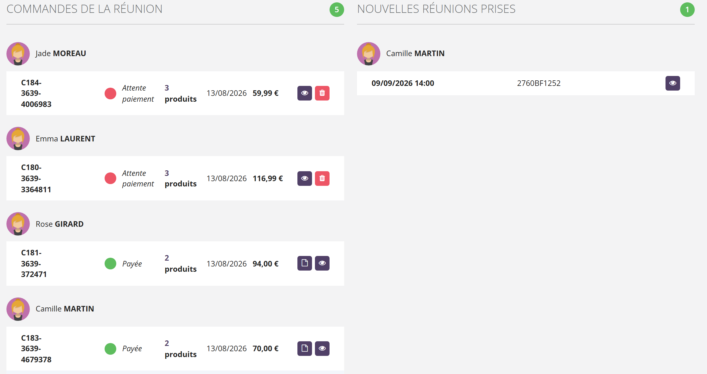 Liste Commandes de la réunion, regroupée par cliente : pour chaque commande, la référence, une pastille rouge Attente paiement ou verte Payée, le nombre de produits, la date, le montant et des boutons voir, bon de commande ou supprimer ; à droite, Nouvelles réunions prises