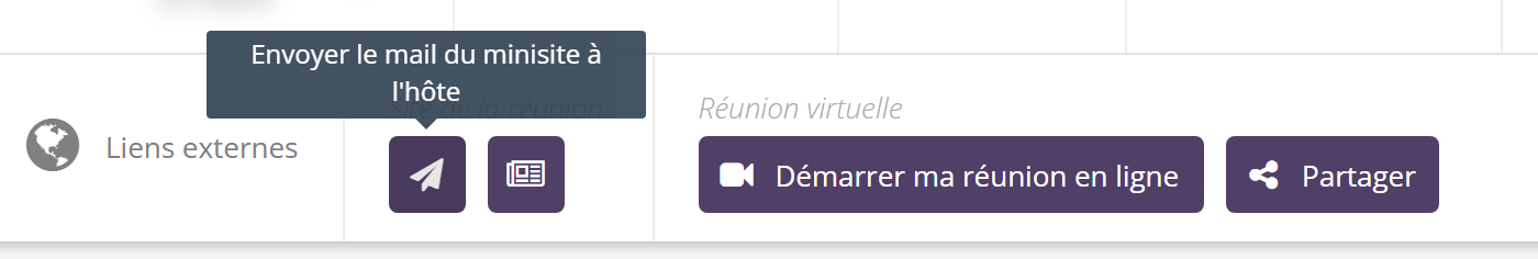 Bloc Site de la réunion avec deux boutons : avion en papier (infobulle Envoyer le mail du minisite à l'hôte) et journal