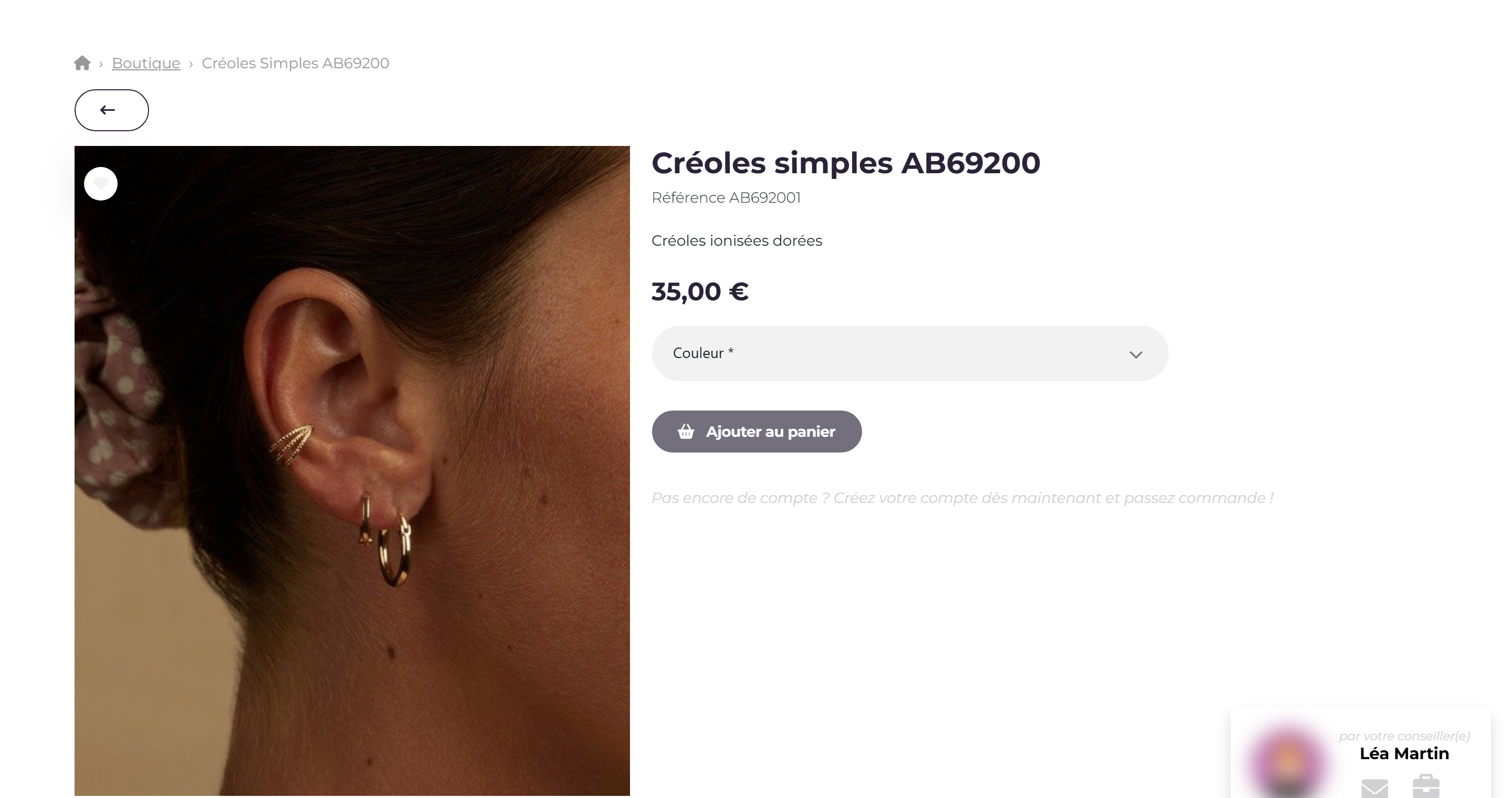 Fiche produit : fil d'Ariane Boutique, bouton retour, grande photo avec un cœur, nom du produit, Référence, description courte, prix 35,00 €, liste Couleur obligatoire, bouton Ajouter au panier et la phrase Pas encore de compte ? Créez votre compte dès maintenant et passez commande !