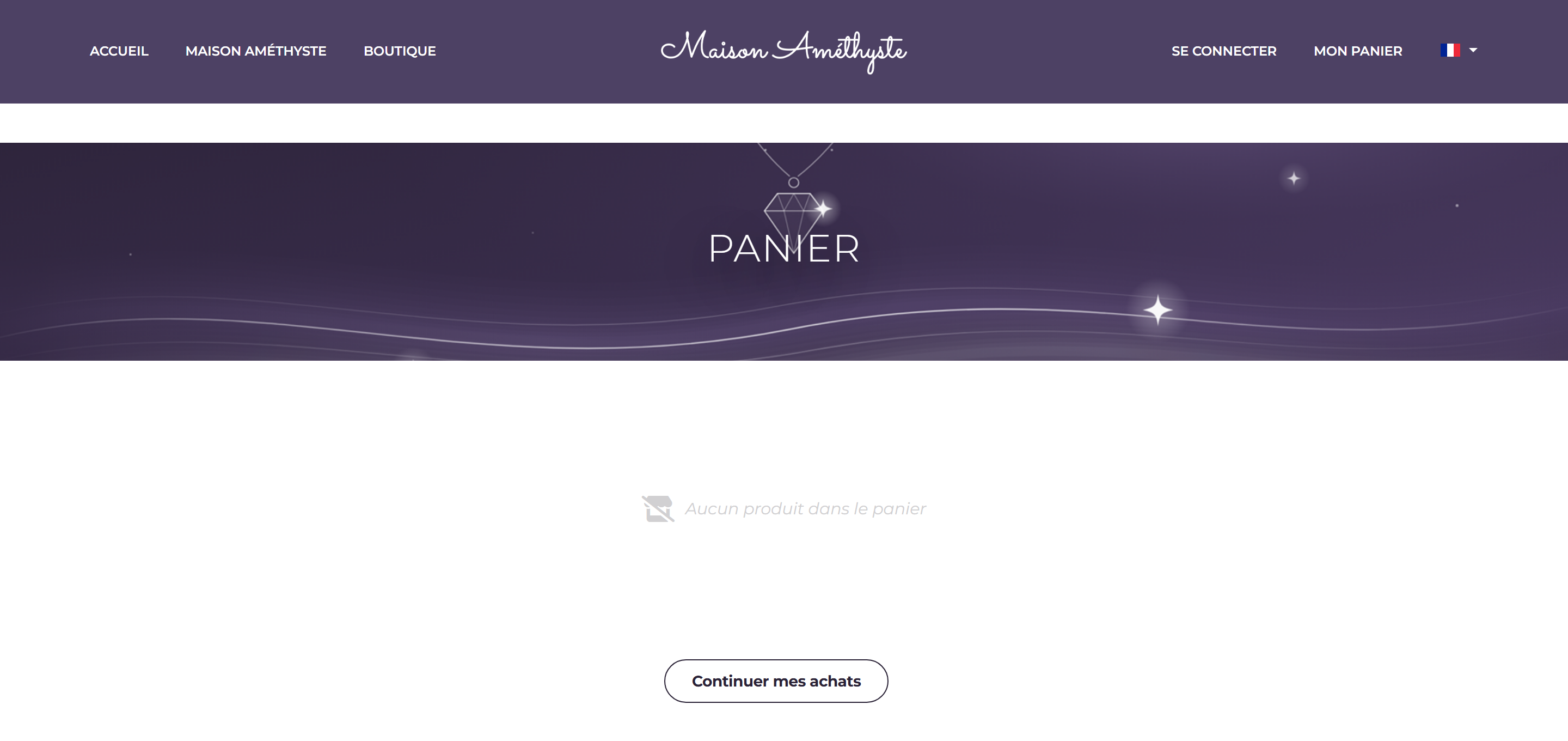 Page Panier vide : bandeau Panier, message Aucun produit dans le panier et bouton Continuer mes achats