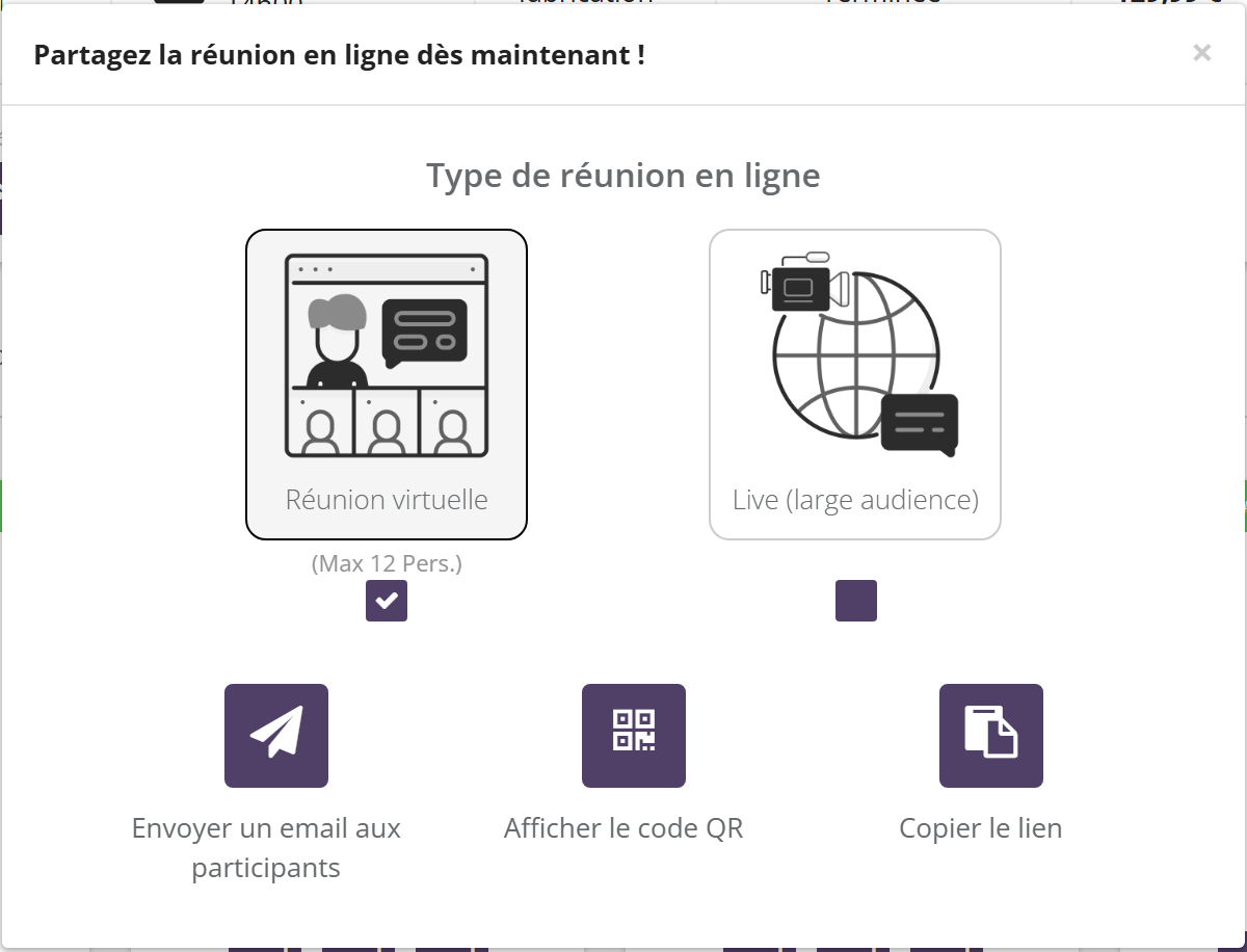 Fenêtre Partagez la réunion en ligne dès maintenant ! : rubrique Type de réunion en ligne avec Réunion virtuelle (Max 12 Pers.) coché et Live (large audience), puis trois boutons Envoyer un email aux participants, Afficher le code QR et Copier le lien