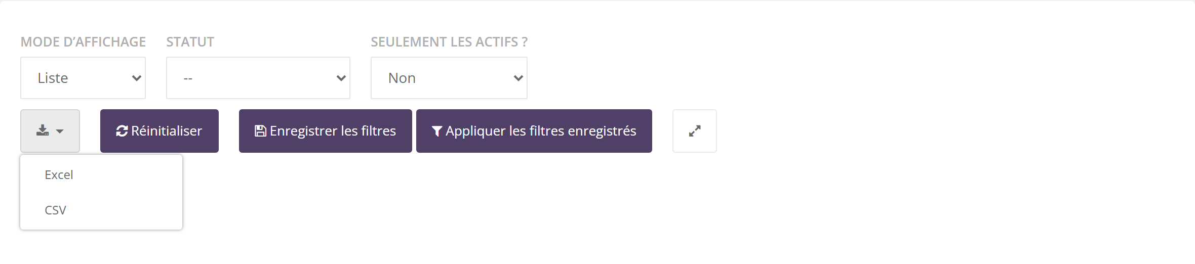 Menu du bouton de téléchargement ouvert, avec les choix Excel et CSV, à côté des boutons Réinitialiser, Enregistrer les filtres, Appliquer les filtres enregistrés et plein écran