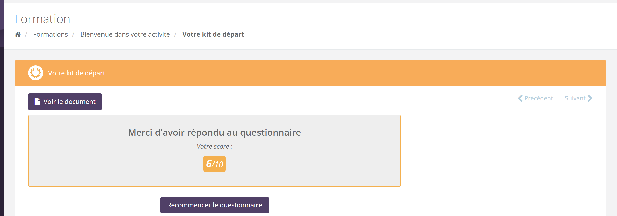 Résultat d'un questionnaire : Merci d'avoir répondu au questionnaire, Votre score 6/10 en orange, bouton Recommencer le questionnaire