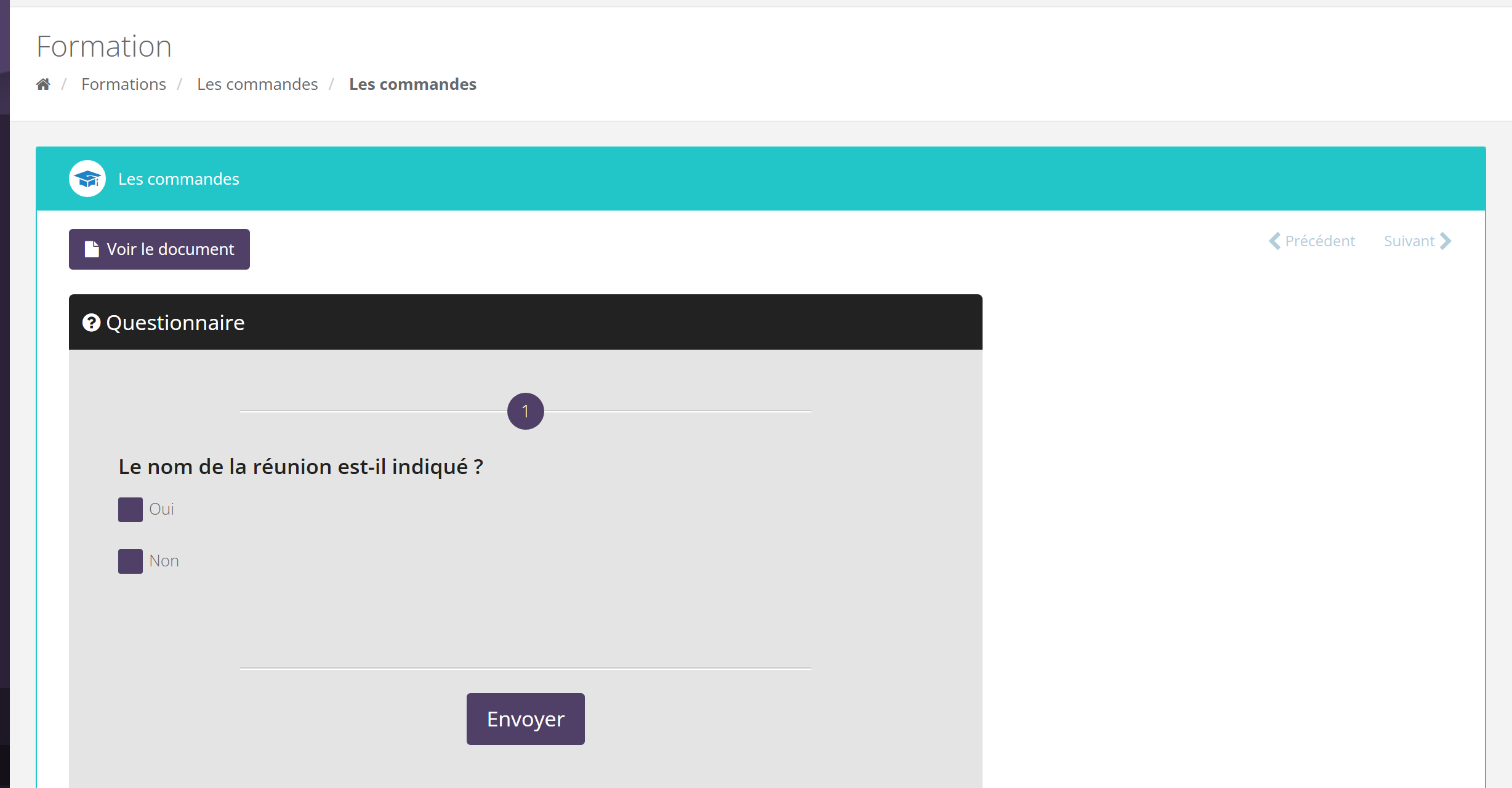 Étape d'une formation : bouton Voir le document, liens Précédent et Suivant, bloc Questionnaire avec une question et des cases Oui et Non, bouton Envoyer