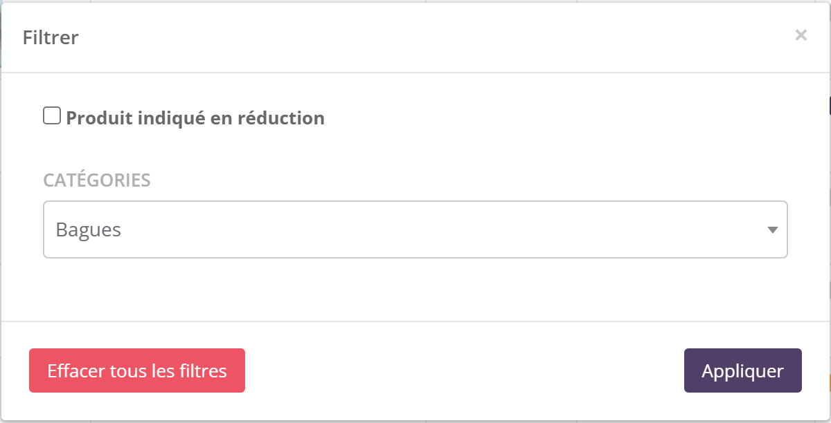 Fenêtre Filtrer : case Produit indiqué en réduction, liste Catégories, boutons Effacer tous les filtres et Appliquer