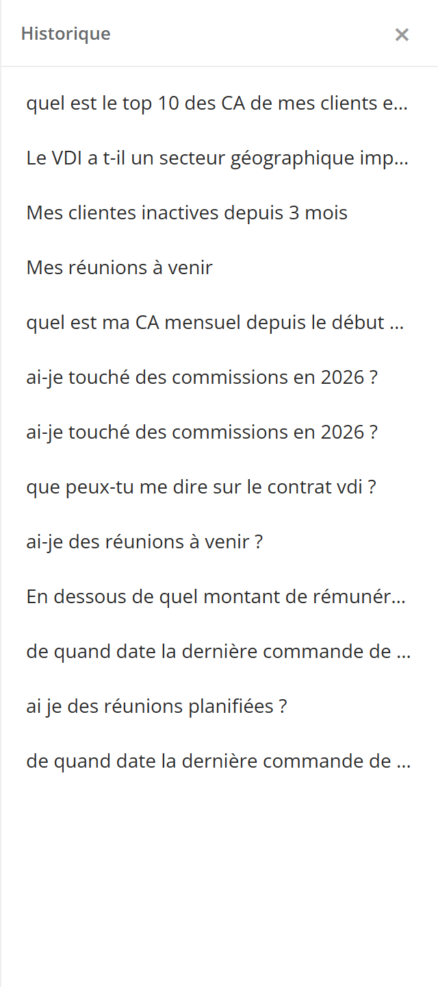 Panneau Historique : liste des conversations précédentes, chacune désignée par sa première question
