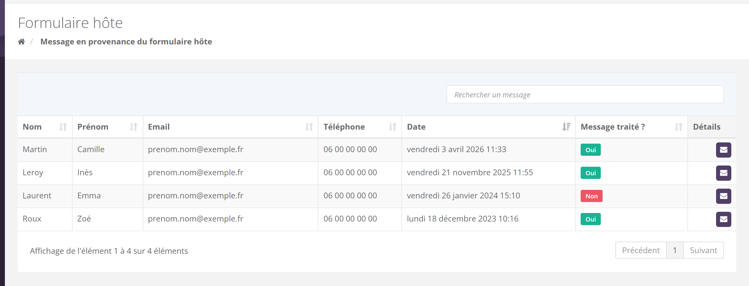 Écran Formulaire hôte : tableau des messages reçus avec les colonnes Nom, Prénom, Email, Téléphone, Date, Message traité ? (Oui ou Non) et Détails, et une zone Rechercher un message