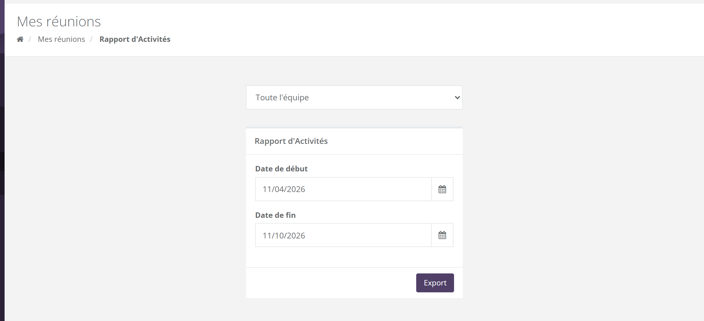 Page Rapport d'Activités : liste Toute l'équipe, Date de début, Date de fin, bouton Export