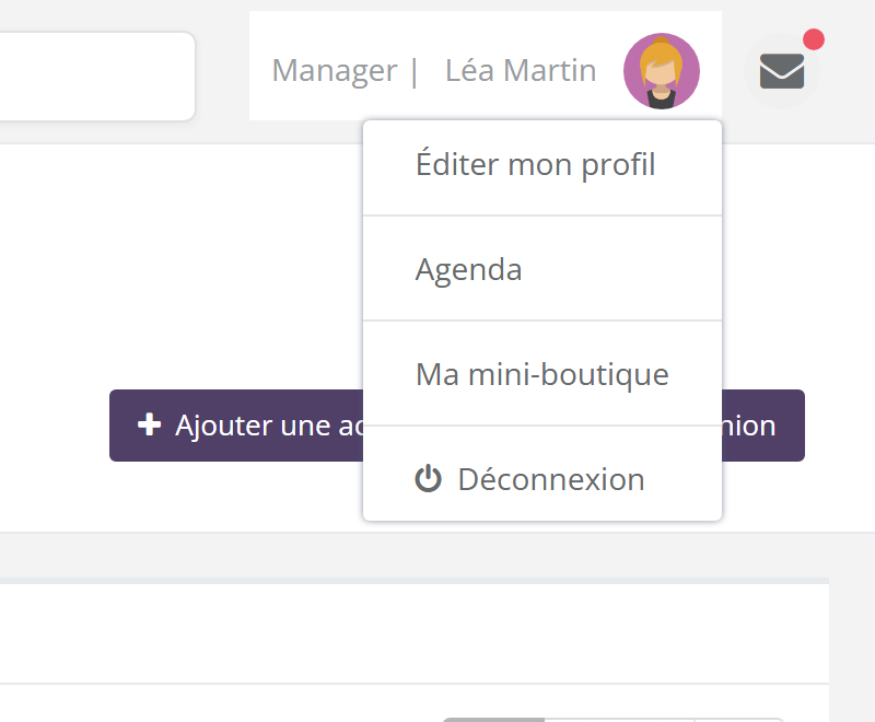 Menu du profil ouvert sous Léa Martin : Éditer mon profil, Agenda, Ma mini-boutique, Déconnexion