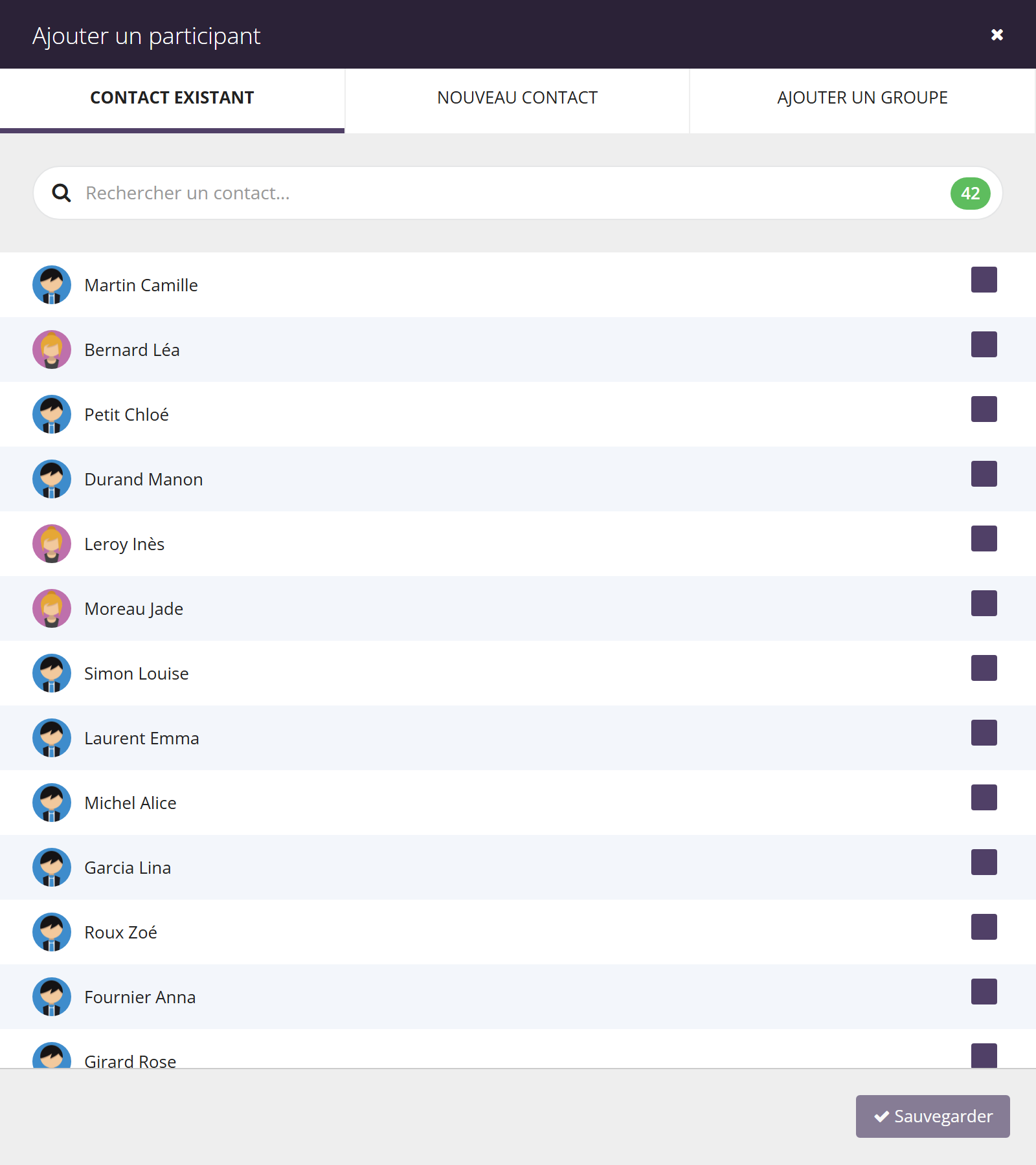 Panneau Ajouter un participant, onglet Contact existant : champ Rechercher un contact avec un compteur, liste de contacts avec une case à cocher pour chacun, bouton Sauvegarder