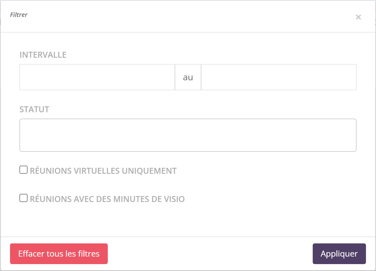 Fenêtre Filtrer : Intervalle de dates du … au …, Statut, cases Réunions virtuelles uniquement et Réunions avec des minutes de visio, boutons Effacer tous les filtres et Appliquer