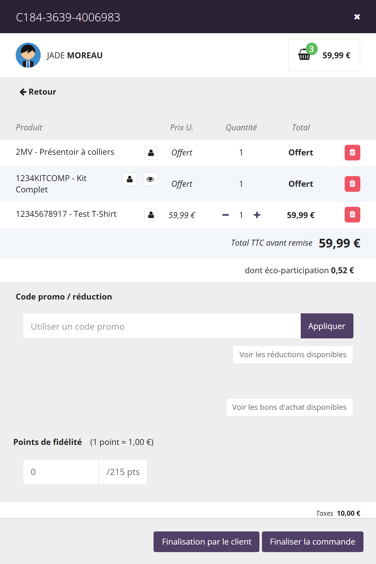 Récapitulatif d'une commande de réunion pour Jade Moreau : trois produits dont deux offerts, total TTC avant remise 59,99 euros, zone Code promo / réduction avec Appliquer, Voir les réductions disponibles, Voir les bons d'achat disponibles, Points de fidélité 1 point = 1,00 euro, puis les boutons Finalisation par le client et Finaliser la commande