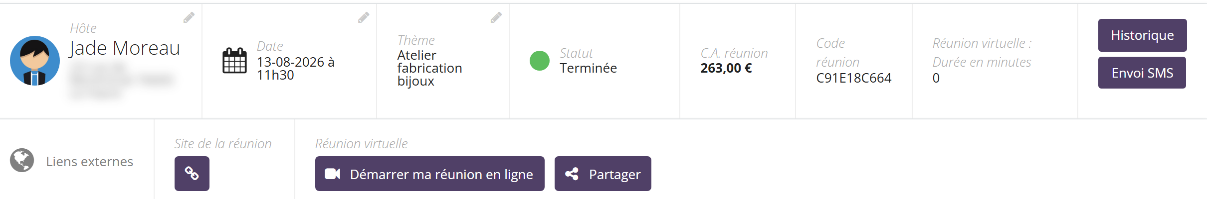 En-tête d'une réunion terminée : Hôte Jade Moreau avec adresse floutée, date, thème, Statut Terminée, C.A. réunion 263,00 euros, code réunion ; le bouton cadenas n'apparaît plus
