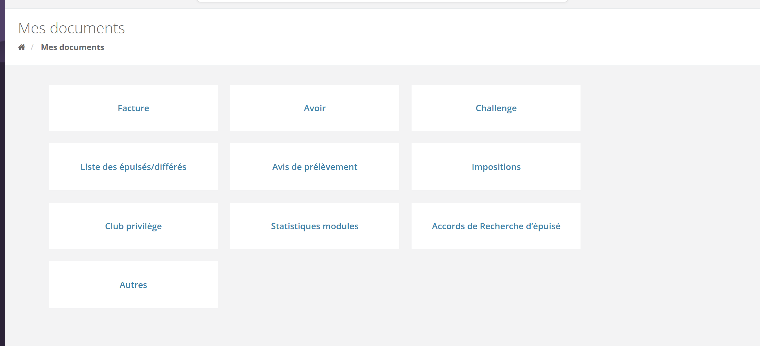 Page Mes documents : tuiles Facture, Avoir, Challenge, Liste des épuisés/différés, Avis de prélèvement, Impositions, Club privilège, Statistiques modules, Accords de Recherche d'épuisé et Autres