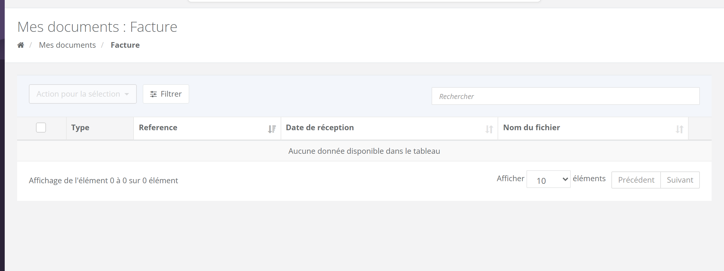 Page Mes documents : Facture, avec les boutons Action pour la sélection et Filtrer, le champ Rechercher et le tableau aux colonnes case à cocher, Type, Reference, Date de réception, Nom du fichier ; ici vide