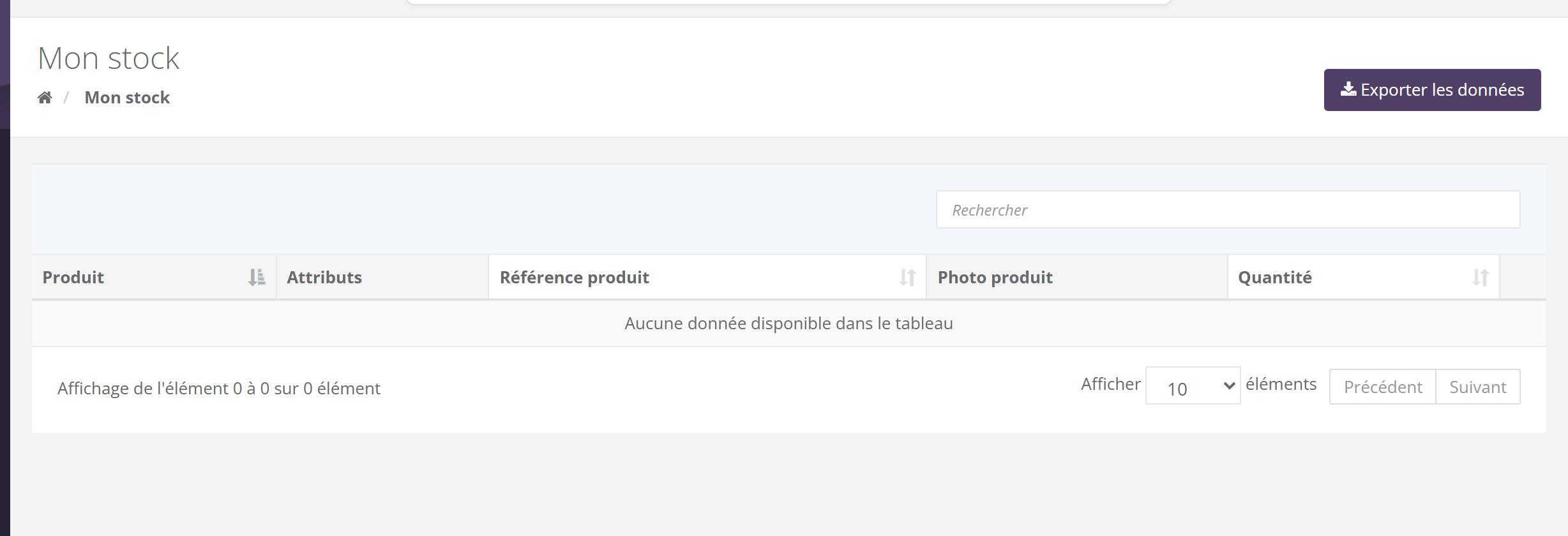Page Mon stock : bouton Exporter les données en haut à droite, champ Rechercher, tableau aux colonnes Produit, Attributs, Référence produit, Photo produit et Quantité, ici sans donnée